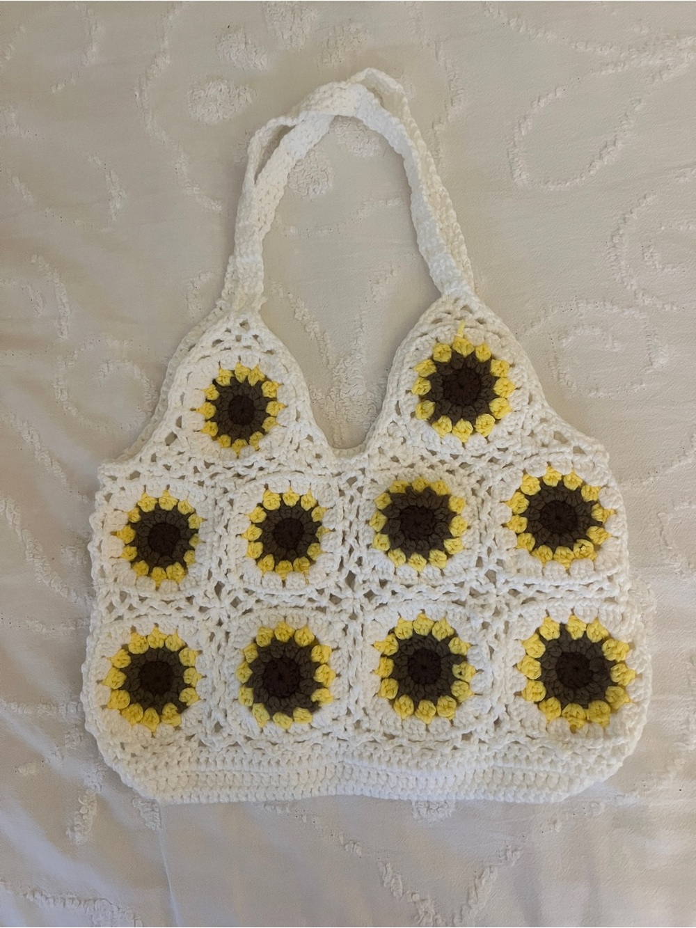 Handmade White Crochet Sunflower Tote Bag